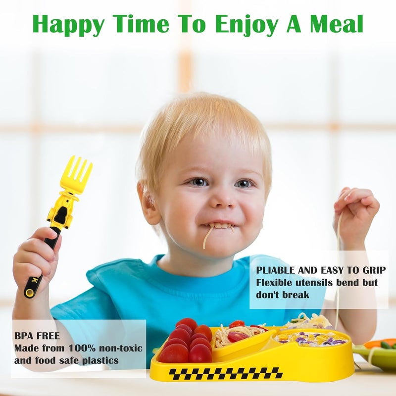 Deinyi Construction Utensils for Toddlers - Motorcycle Toddler Forks - for Utensils Gift - Forks and Spoons Silverware Set - Ideal for School Lunch, Travel, Outdoors - Yellow - Image 3